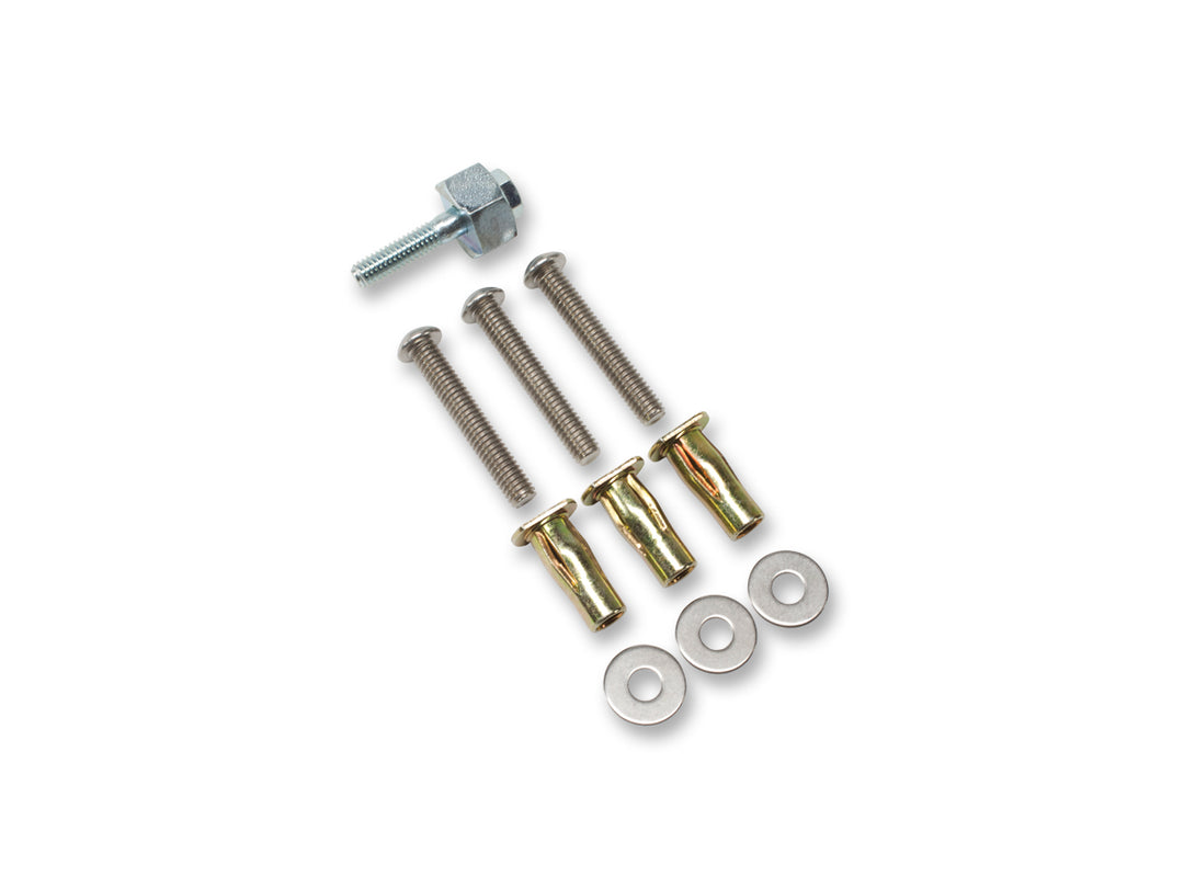 Studio photo on a white background of a Bed Buddy Installation kit that includes bolts, washers and tool.