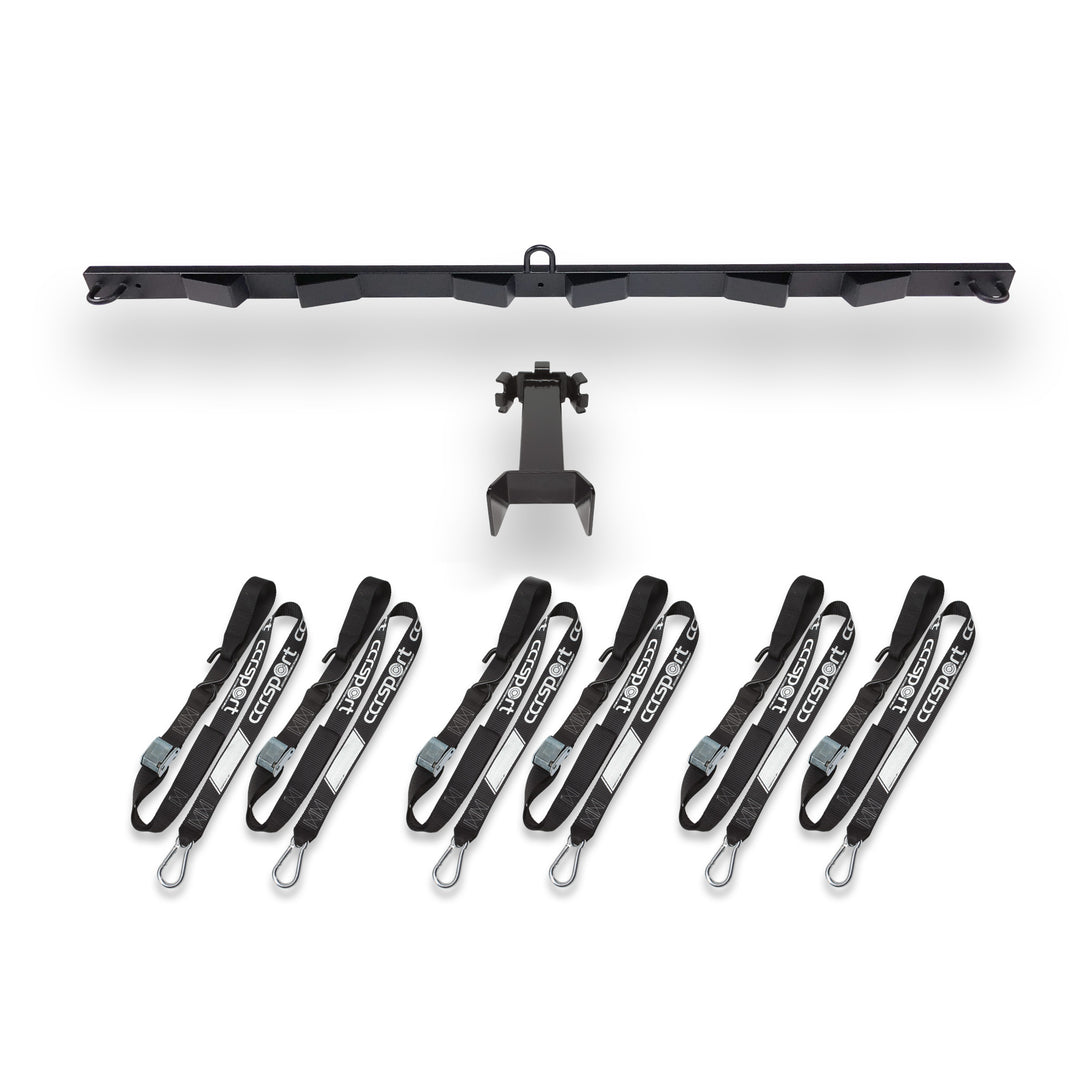 Studio image on white background that shows complete Bed Buddy Motorcycle tie down rack system in Pro Back bundle that includes rack, extender and tie-down straps.