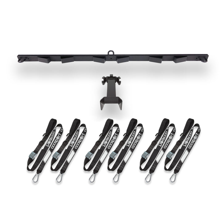 Studio image on white background that shows complete Bed Buddy Motorcycle tie down rack system in Pro Back bundle that includes rack, extender and tie-down straps.