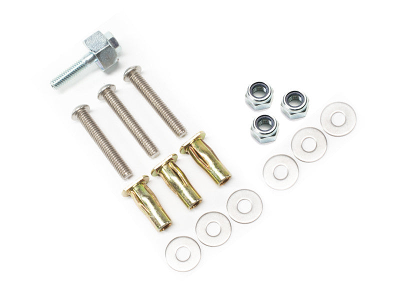 Bed Buddy installation kit with nuts washers bolts and tool on a white background.
