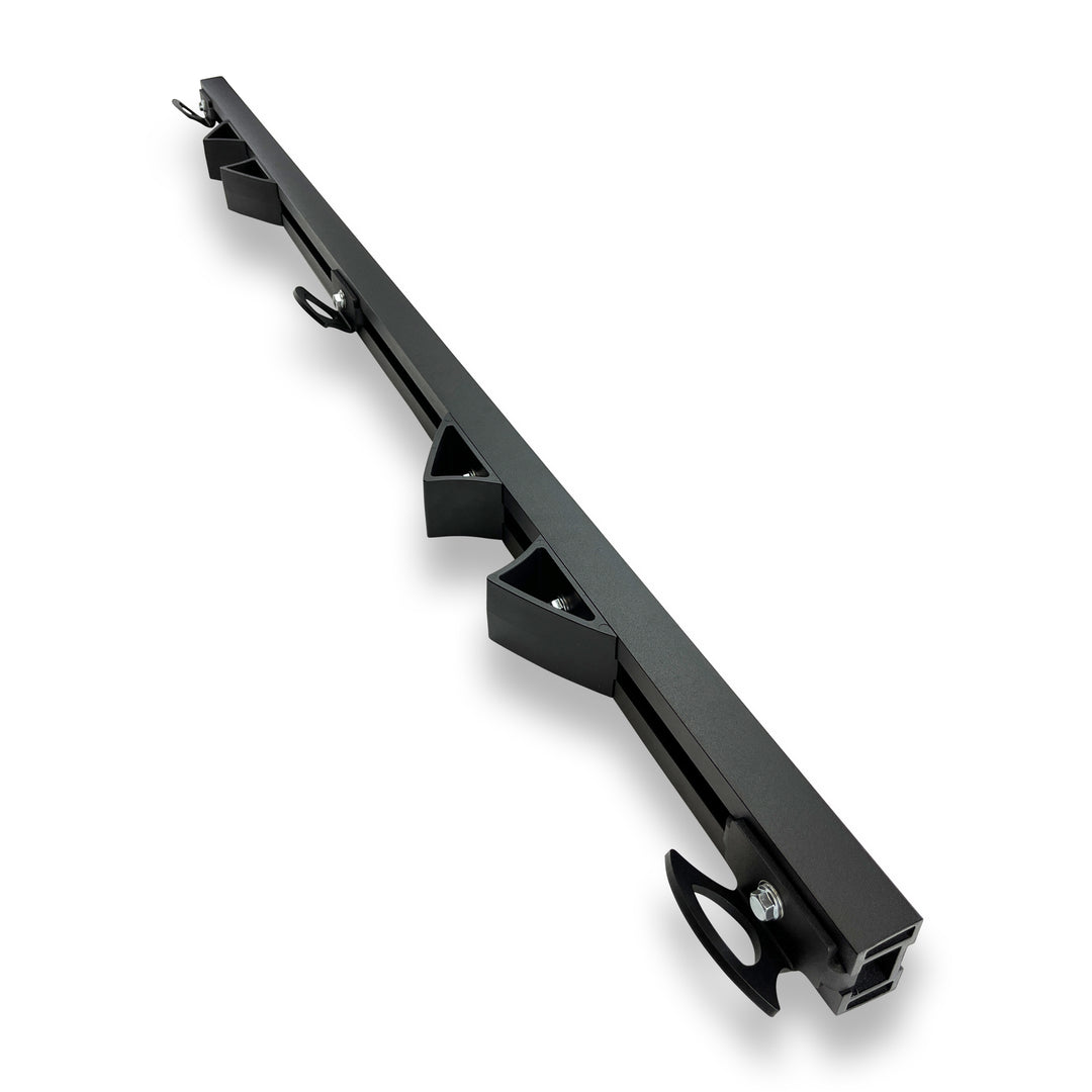 Angled image of 2 bike Hybrid Moto Rack tie down system.