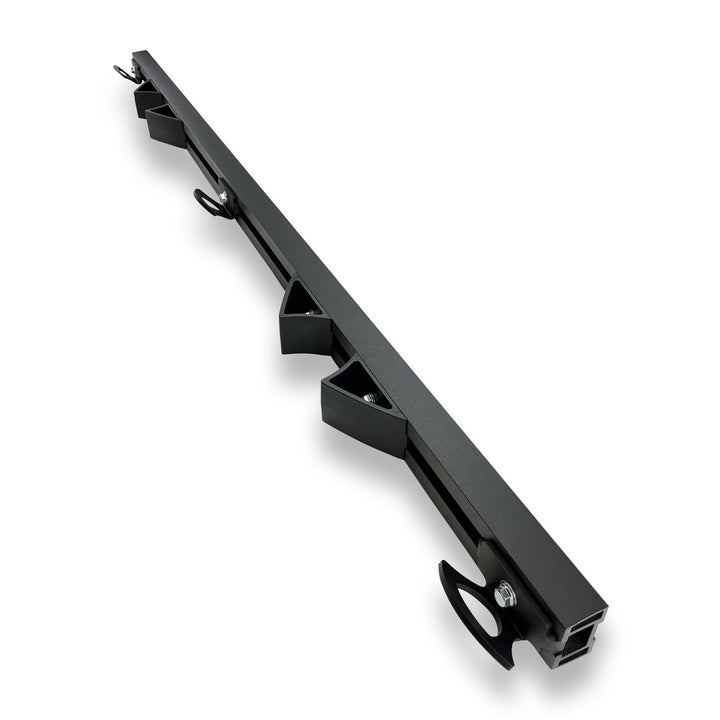 Angled image of 2 bike Hybrid Moto Rack tie down system.