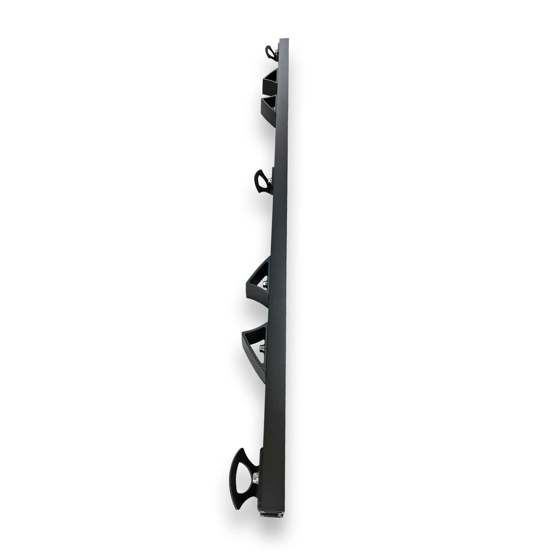 Straight top view of the 2 bike Hybrid Moto Rack featuring the aluminum track, Moto Vise wheel chocks and three tie down anchors.