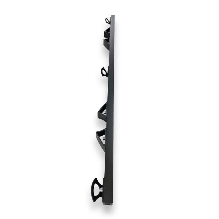 Straight top view of the 2 bike Hybrid Moto Rack featuring the aluminum track, Moto Vise wheel chocks and three tie down anchors.