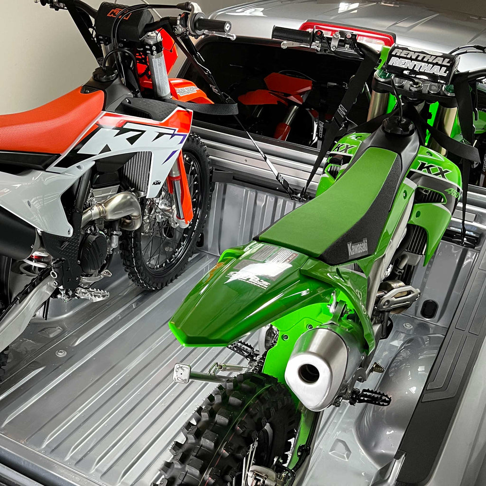 CCR Sport Hybrid Moto Rack installed in truck bed securing a two motorcycles.