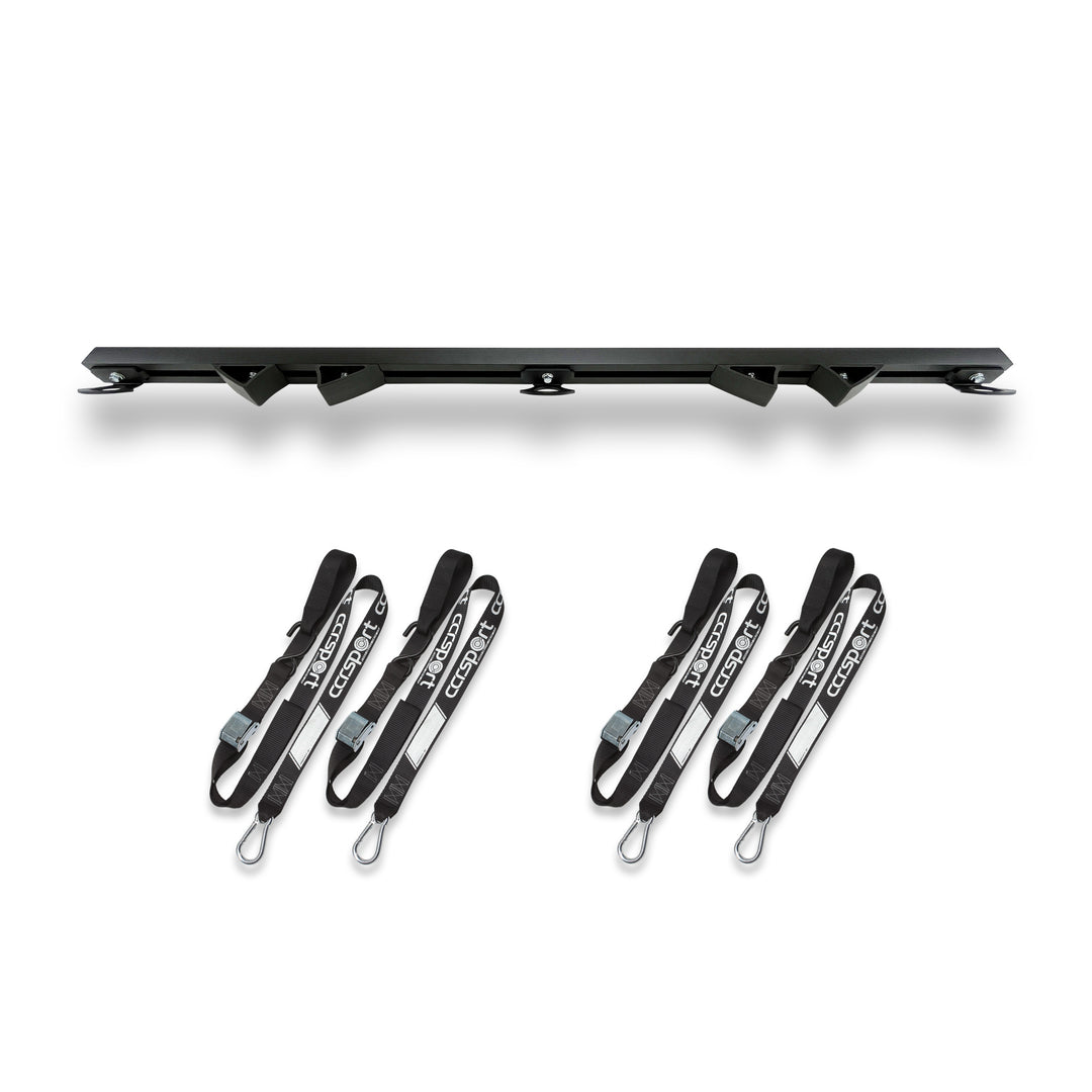 Dynamic studio image of the complete CCR Sport Hybrid Moto Rack 2 Bike Pro Pack. The image shows the Hybrid Moto Rack and two sets of straps.