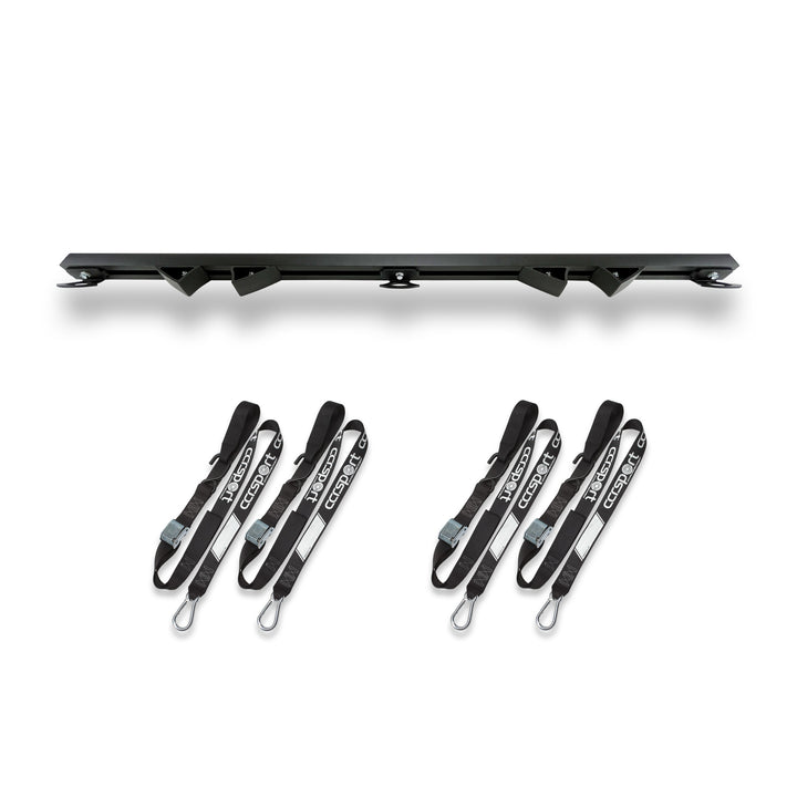 Dynamic studio image of the complete CCR Sport Hybrid Moto Rack 2 Bike Pro Pack. The image shows the Hybrid Moto Rack and two sets of straps.