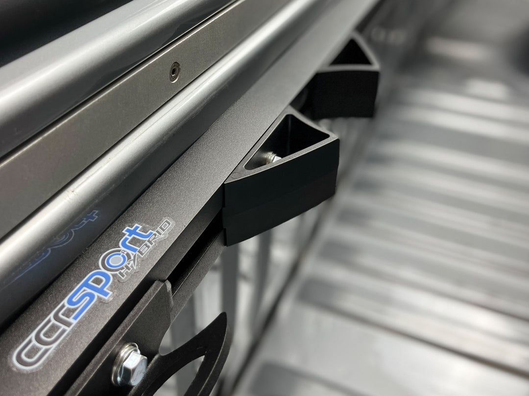 Close-up of the Hybrid Moto Rack featuring the Moto Vise wheel chock.