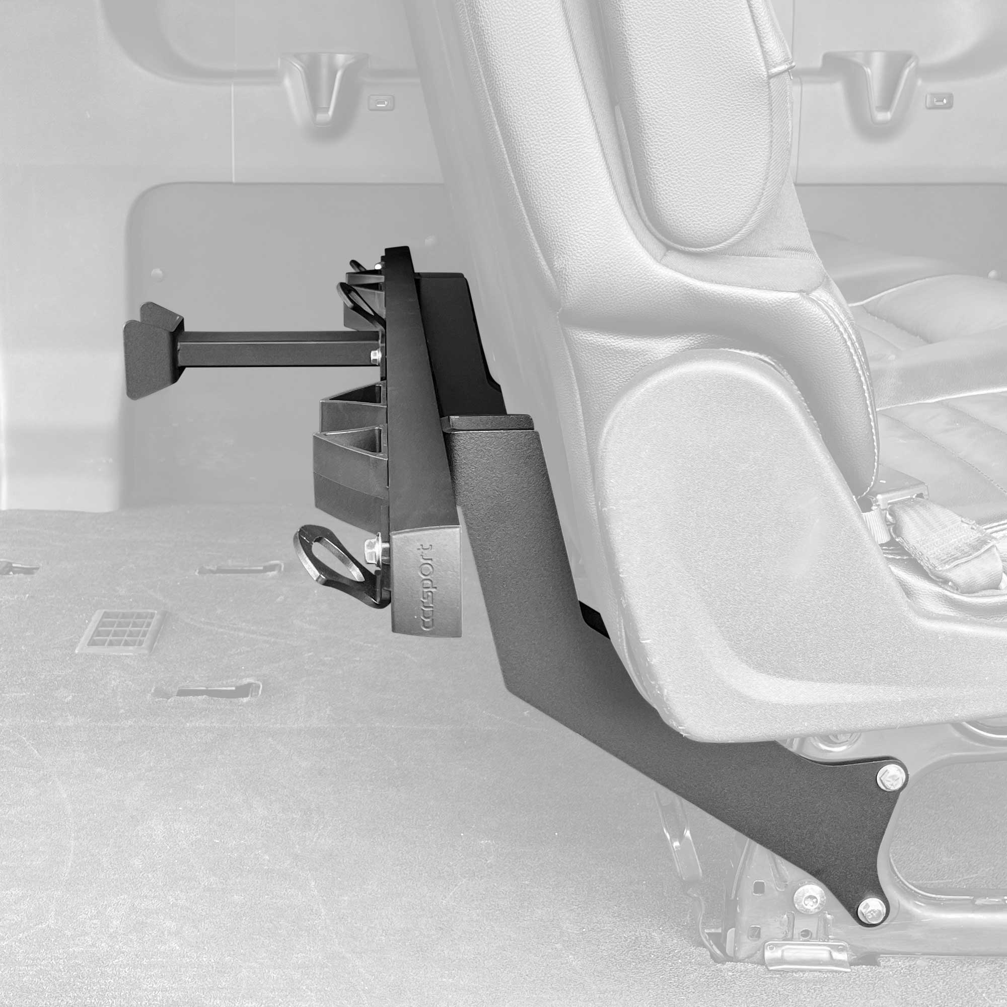 A complete CCR Sport Hybrid Moto Van Rack assembly mounted to the rear bench passenger seat of a van.