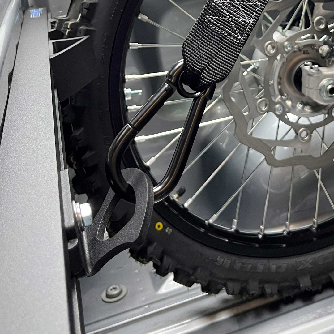 Adjustable Hybrid Tie Anchor positioned for motorcycle tie-down.