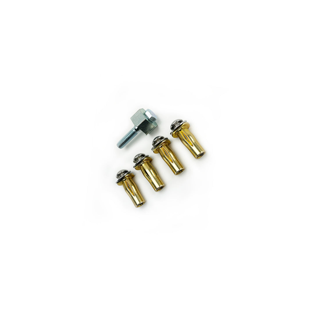 Studio photo showing the Hybrid Track Installation kit with blind fasteners, bolts and tool.