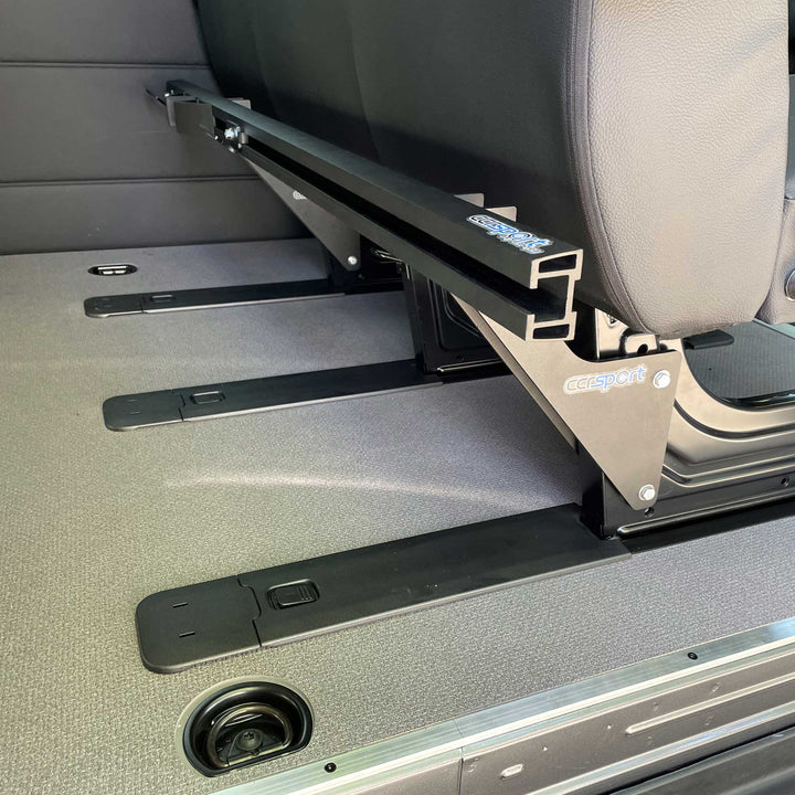 Basic CCR Sport Mercedes Sprinter Van seat base mounted cargo track system.