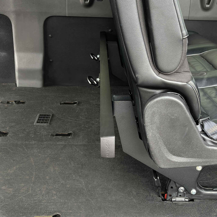 Hybrid van rack shown in basic configuration installed to rear passenger seat.