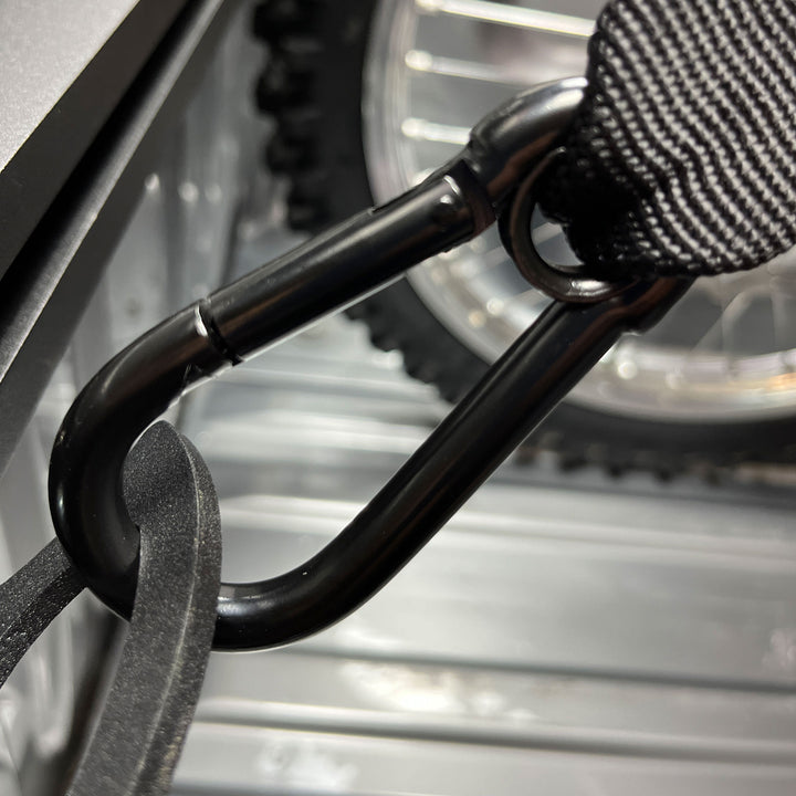 Close-up shot of the latching carabiner hook.