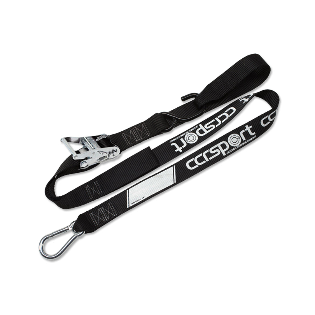 CCR Sport Pro Moto Ratchet Tie Downs set with protective soft loops and carabiner hooks.