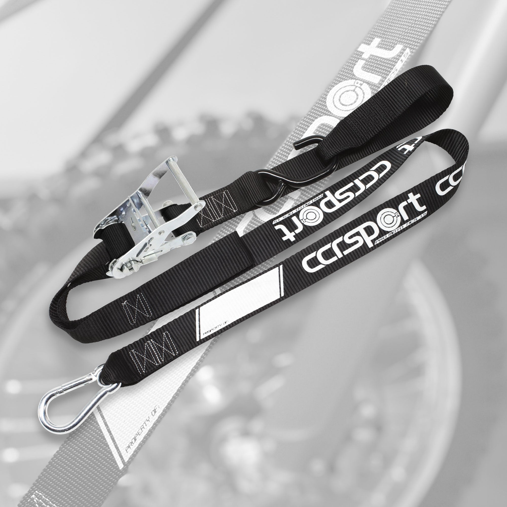 Ratchet tie down strap show on a ghost background.