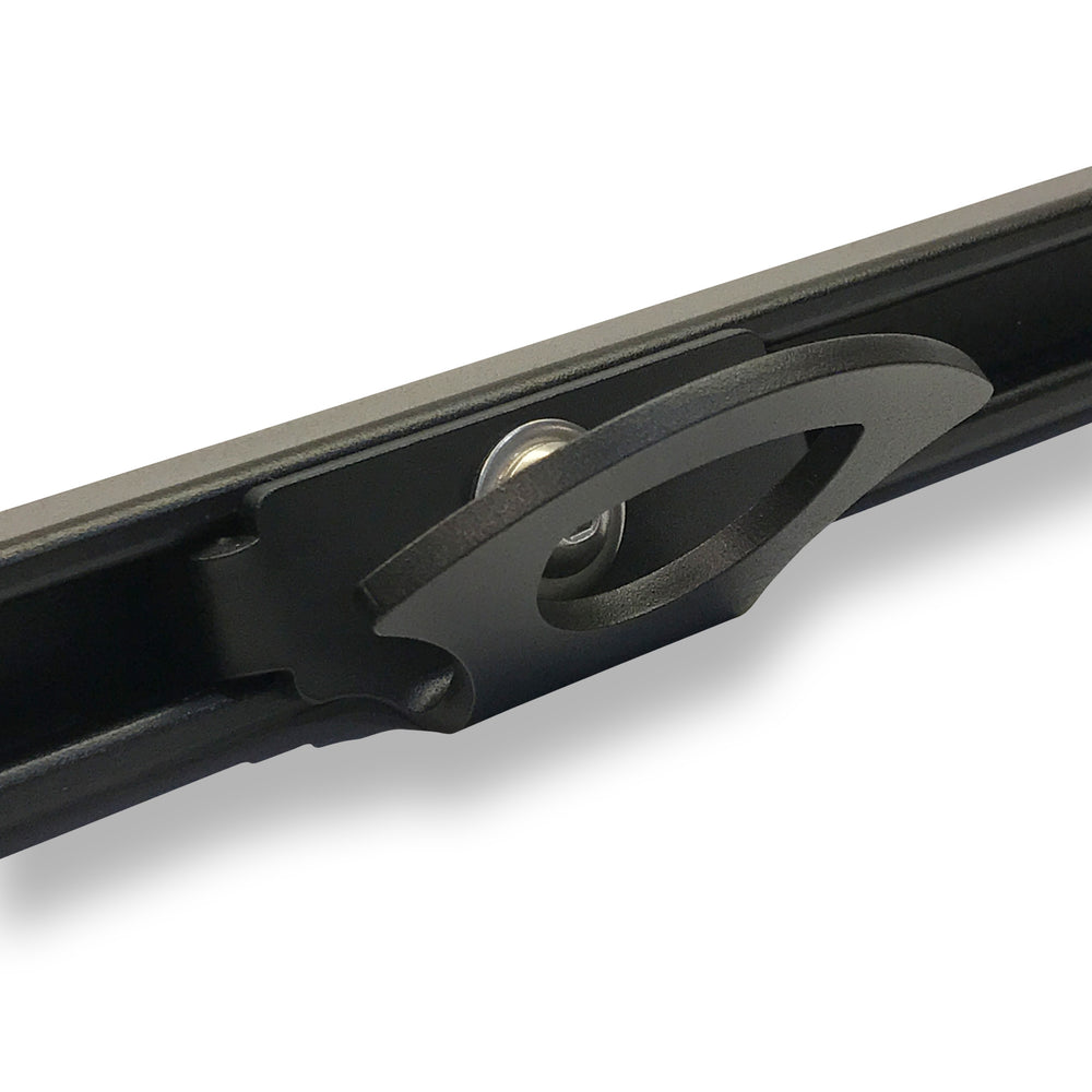 Close-up studio image of the CCR Sport Toyota Deck Rail Anchor mounted to the deck rail track.