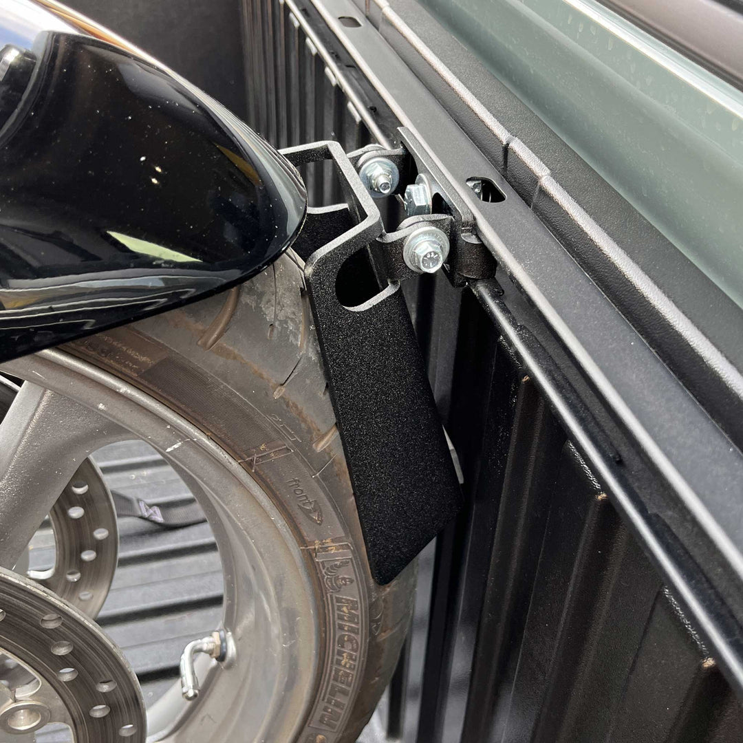 Another side view of the CCR Sport Toyota cycle chock holding a street bike tire snugly.