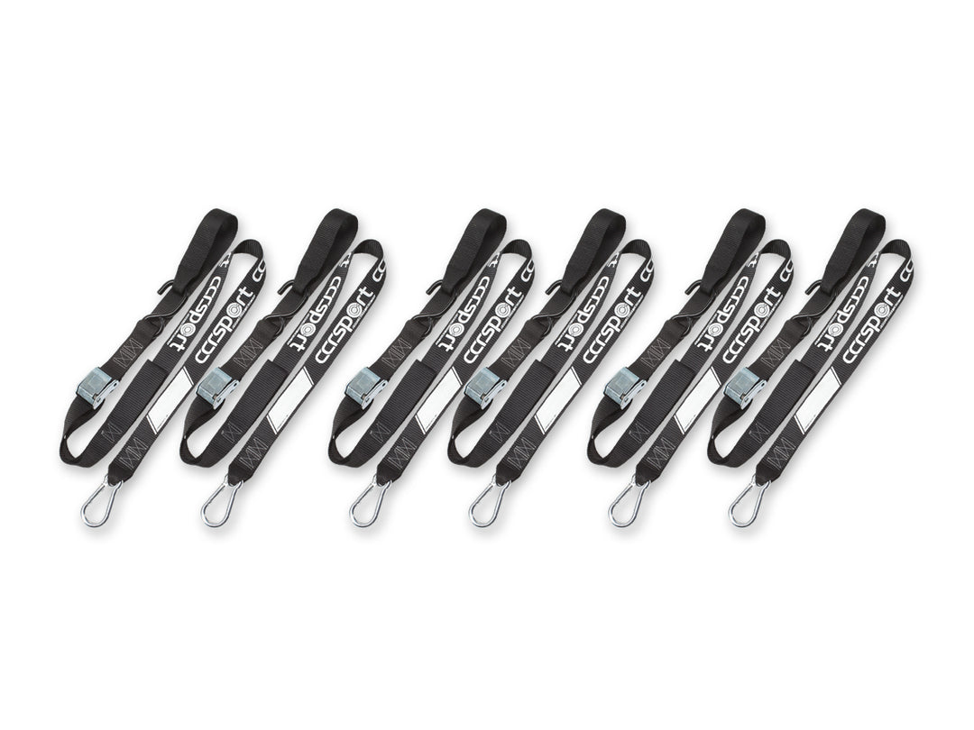 Studio shot on bright white background of 6 pair of CCR Sport Pro Moto Tie-Down Straps.